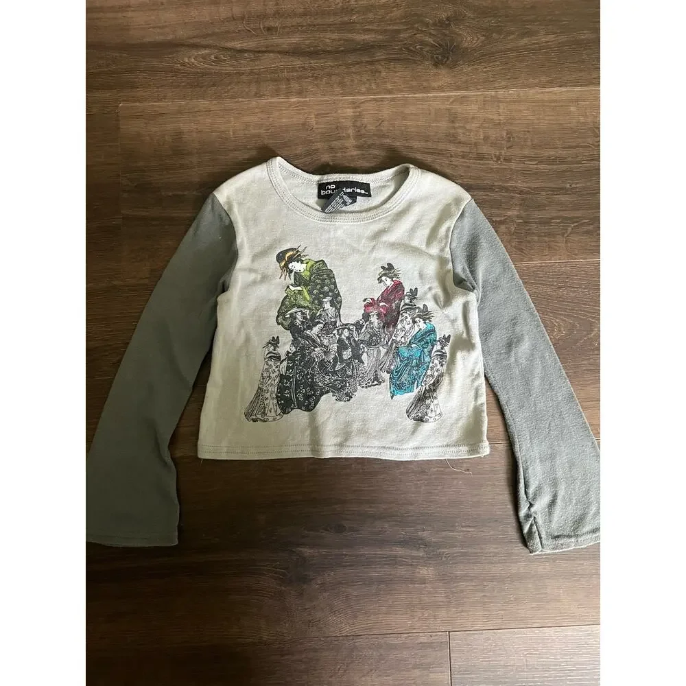 No Boundaries VTG Y2k Kids Girls 4/5 Skirt top Matching set Geisha Asian Gray
